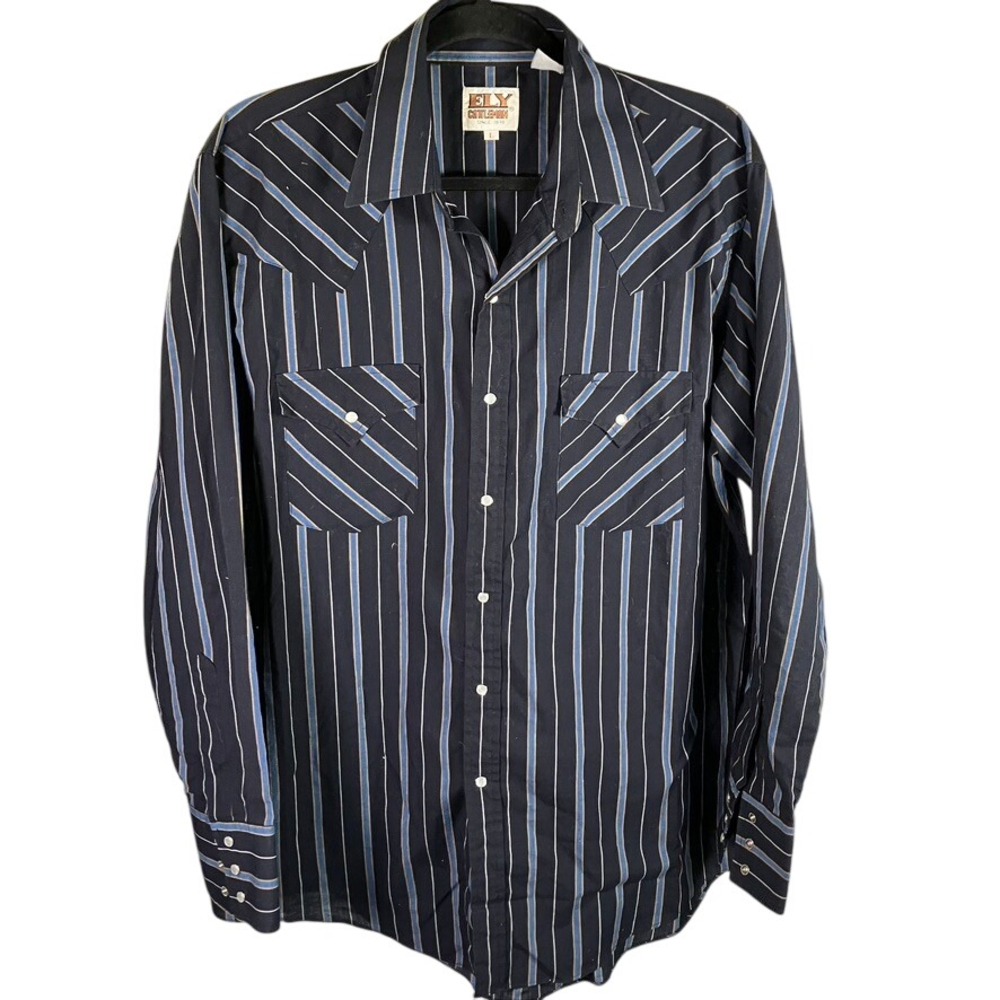 ELY Cattleman Western‎ Shirt Mens L Black Blue Striped Pearl Snap Long Sleeve